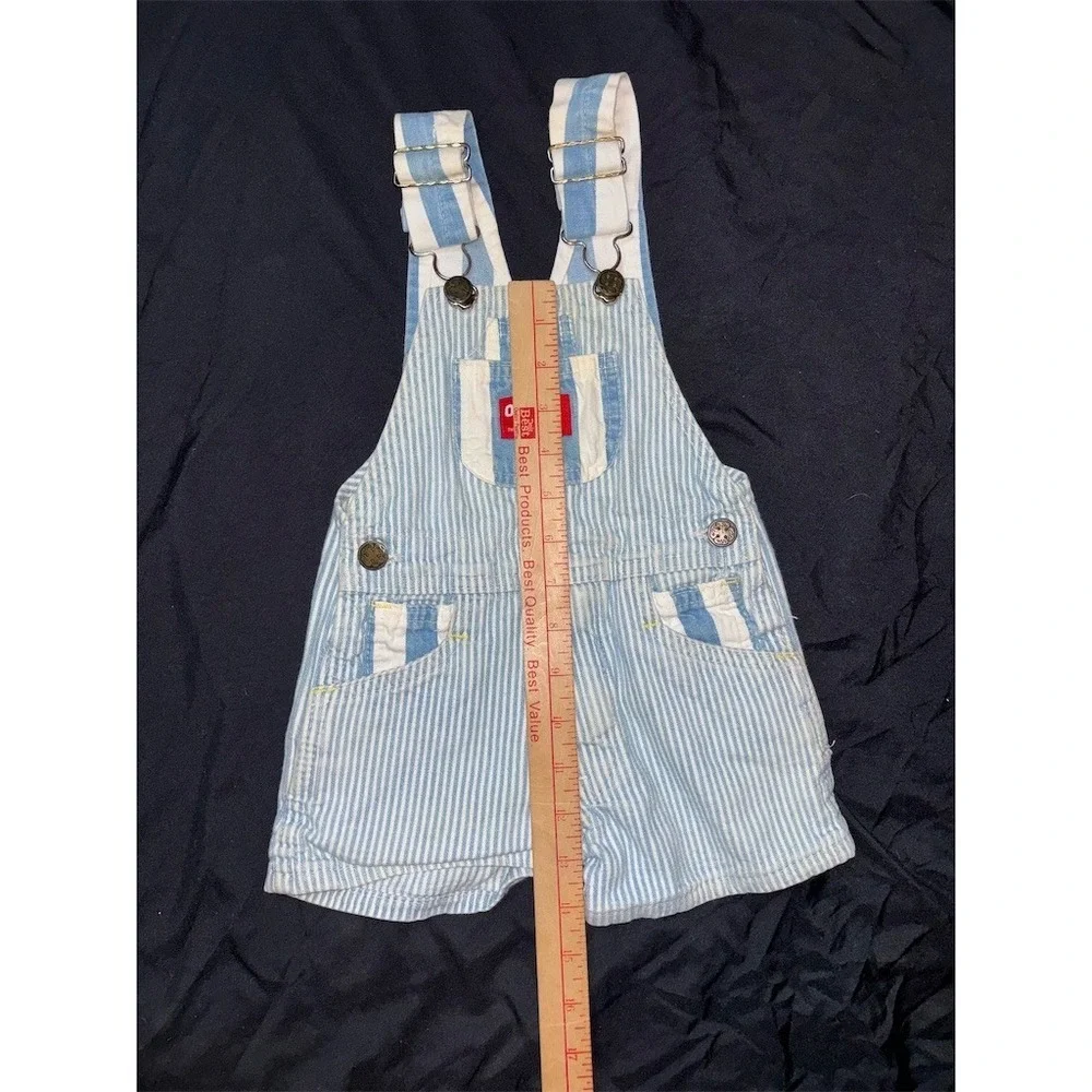 OshKosh B'gosh Overalls Boys 3T Blue White Hickory Stripe Short Bib Vtg vestback